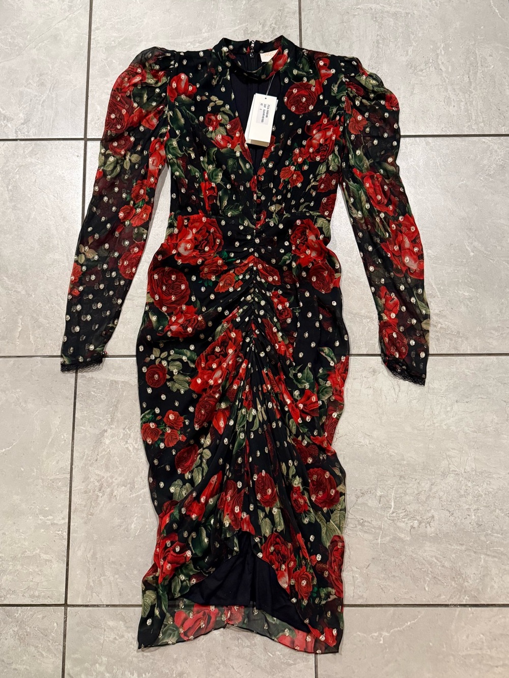 Rococo Sand Black Midi Dress with Red Rose Print